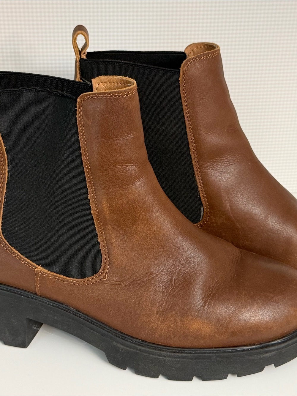 Women's Brown Leather Chelsea Booties with Black Elastic Panels